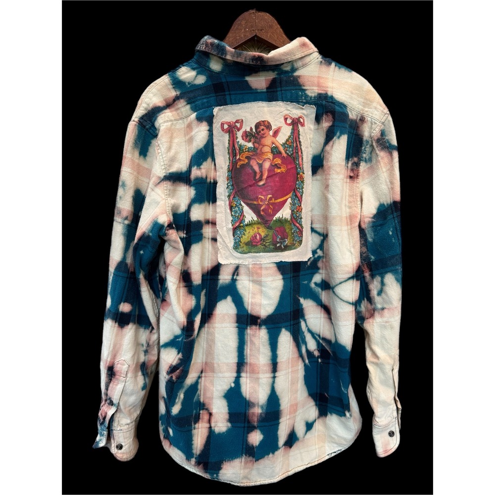 Upcycled Teal Plaid Flannel Shirt Cupid Heart Patch Large